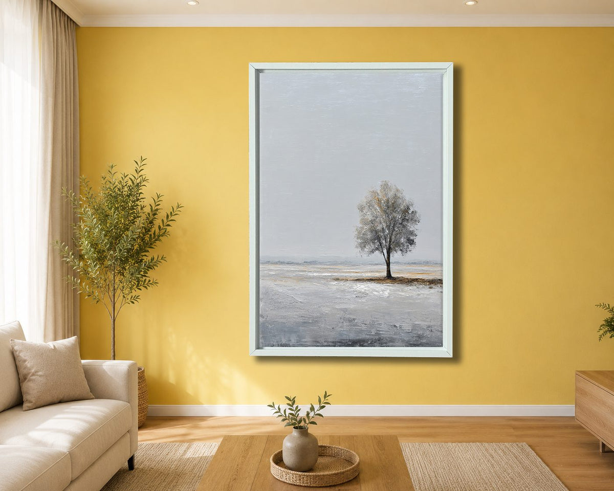 Lone Tree Minimalist Landscape canvas wall art, white floating frame