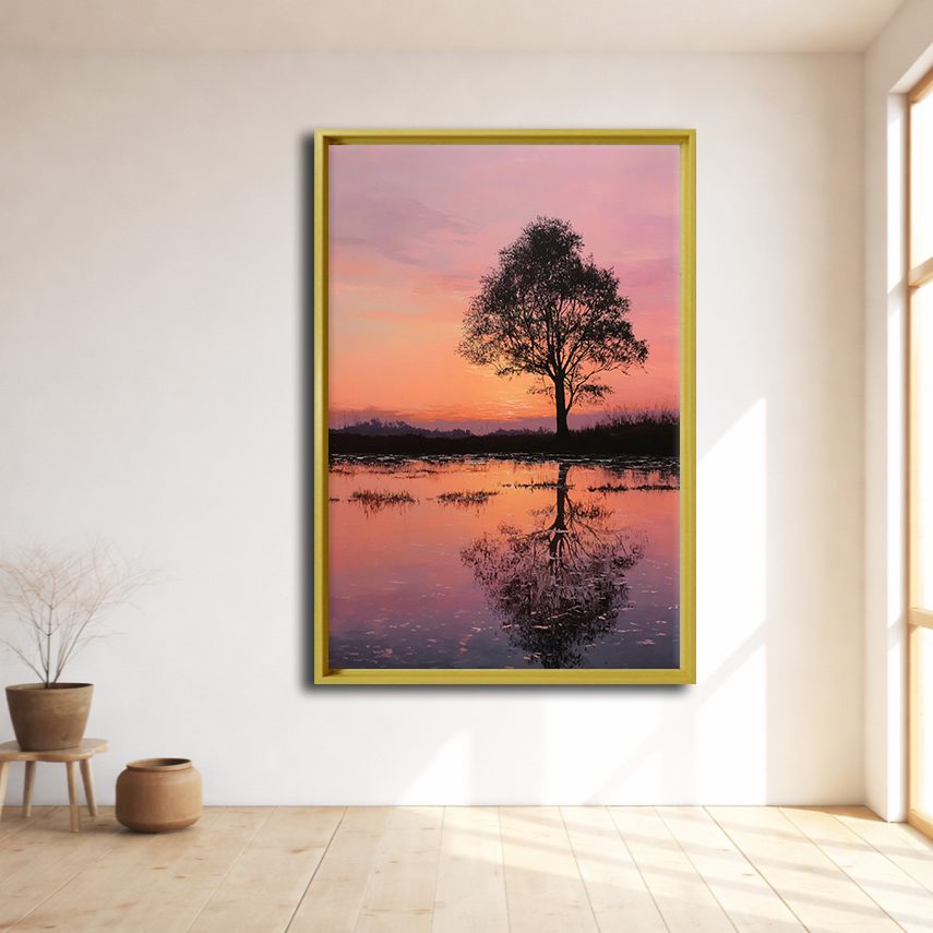 Lone Tree Pink Sunset Reflection canvas wall art, natural wood floating frame