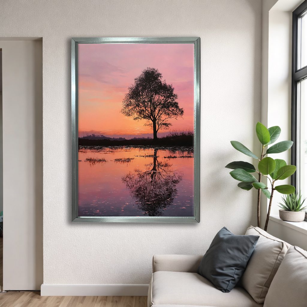 Lone Tree Pink Sunset Reflection canvas wall art, silver floating frame