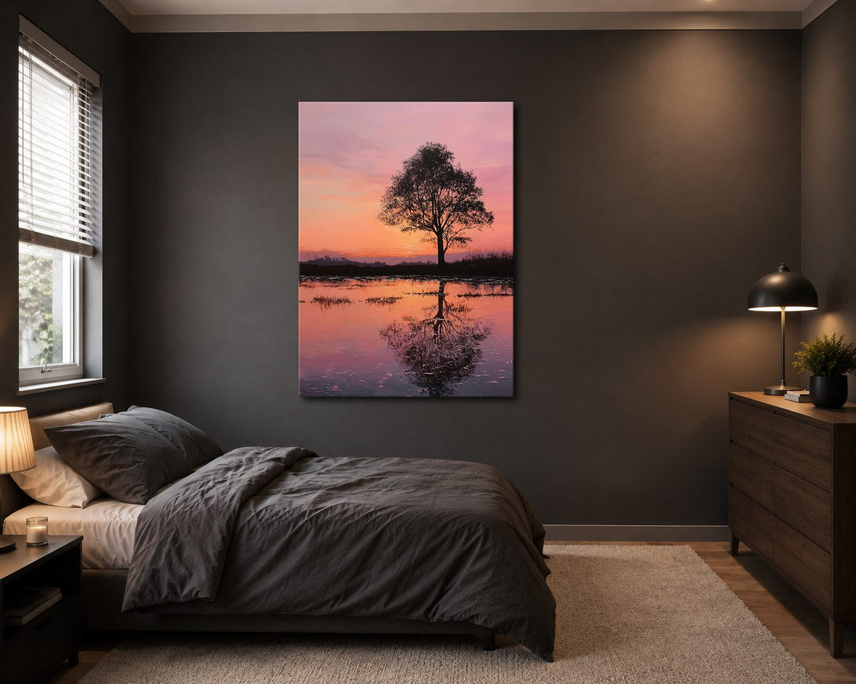 Lone Tree Pink Sunset Reflection canvas wall art, unframed canvas