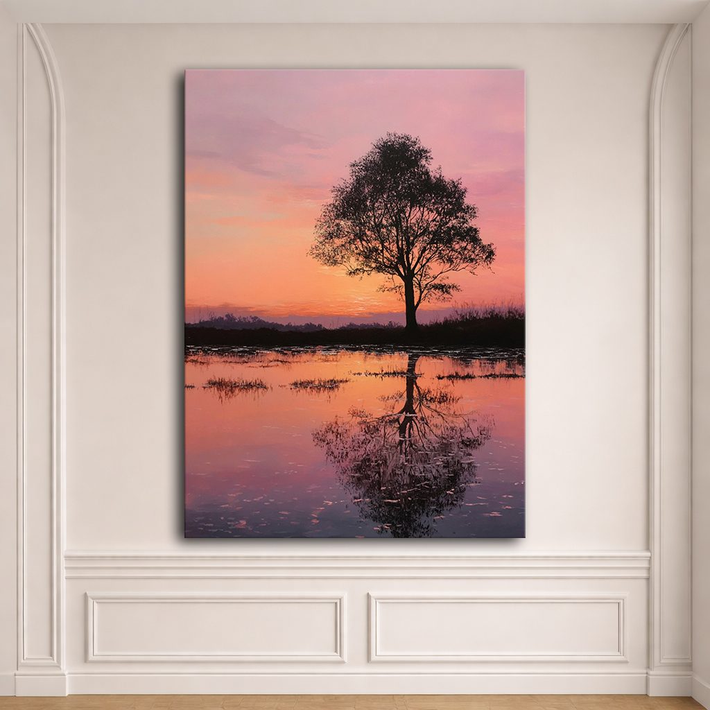 Lone Tree Pink Sunset Reflection canvas wall art, unframed canvas