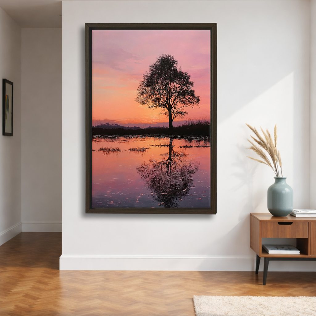Lone Tree Pink Sunset Reflection canvas wall art, walnut floating frame