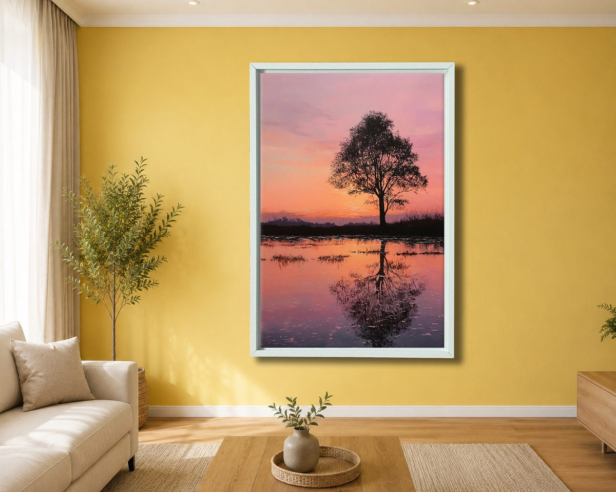 Lone Tree Pink Sunset Reflection canvas wall art, white floating frame