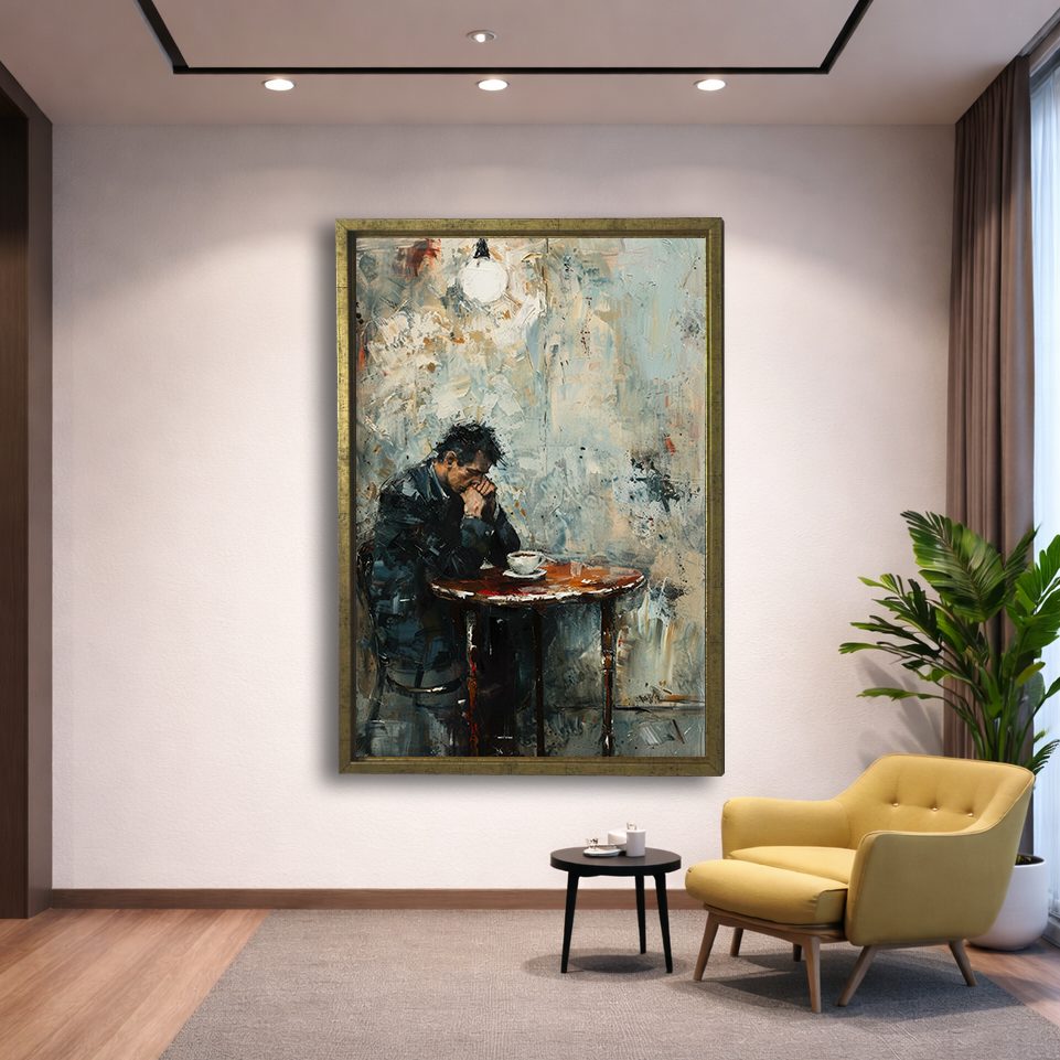 Lonely Man at Cafe Table canvas wall art, gold floating frame