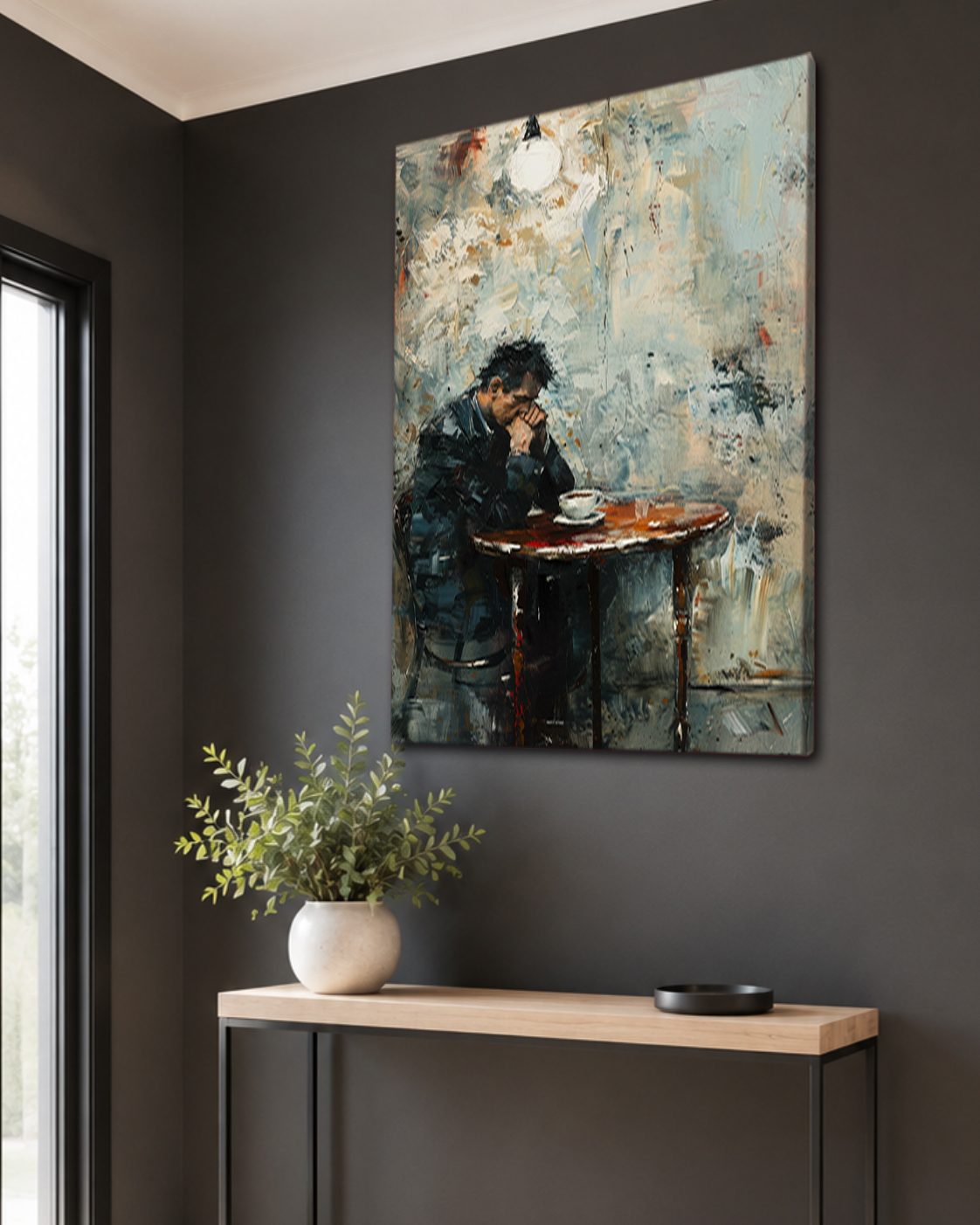 Lonely Man at Cafe Table canvas wall art, unframed canvas