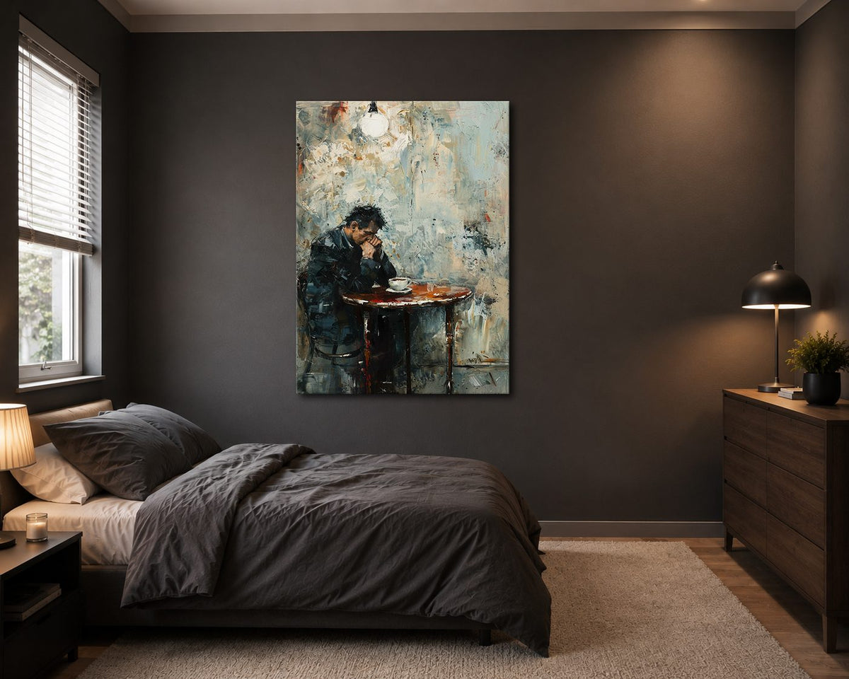 Lonely Man at Cafe Table canvas wall art, unframed canvas