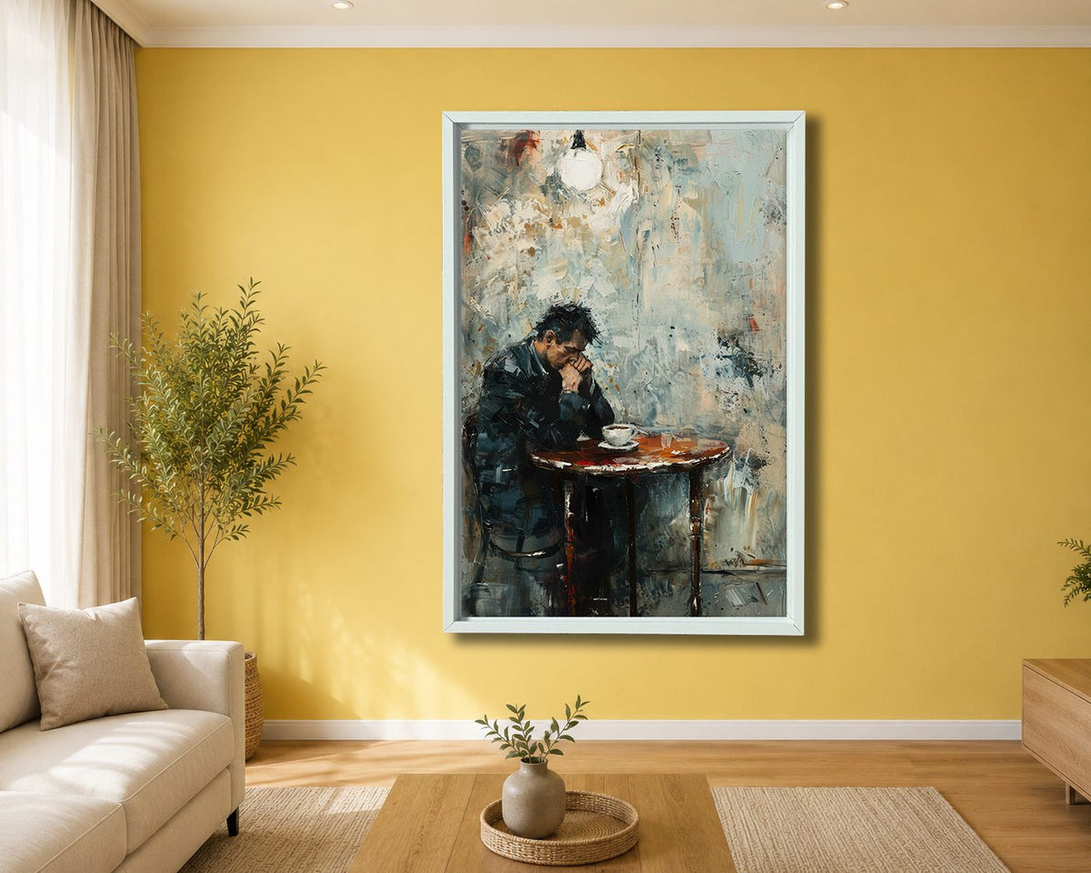 Lonely Man at Cafe Table canvas wall art, white floating frame