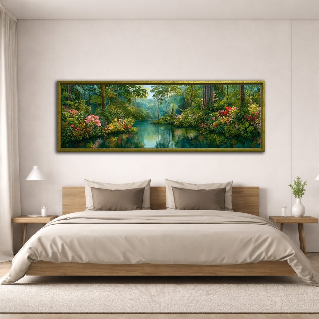 Lush Tropical Jungle River canvas wall art, antique gold floating frame