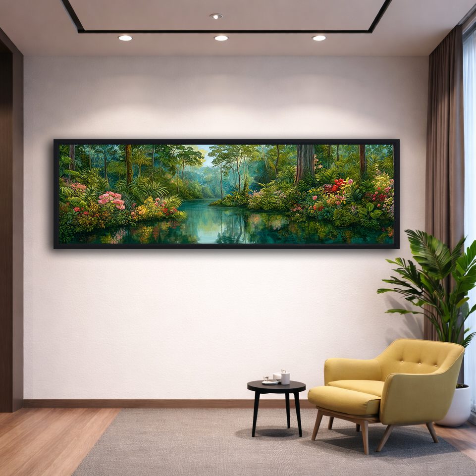 Lush Tropical Jungle River canvas wall art, black floating frame