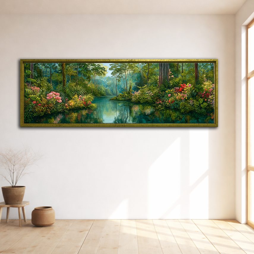 Lush Tropical Jungle River canvas wall art, gold floating frame