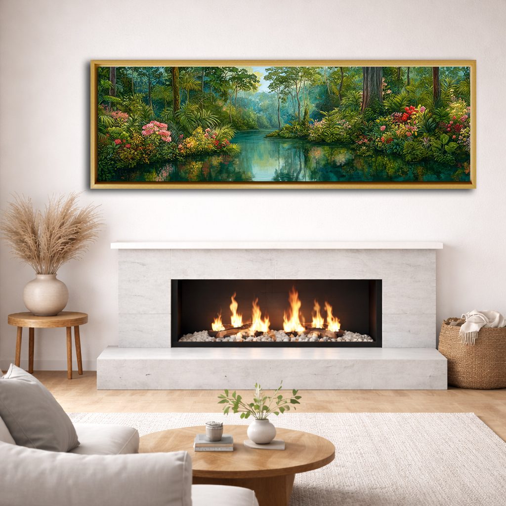 Lush Tropical Jungle River canvas wall art, natural wood floating frame