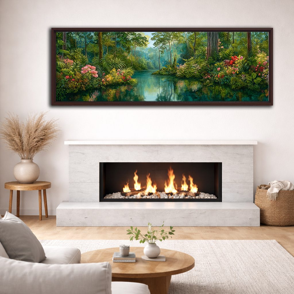 Lush Tropical Jungle River canvas wall art, walnut floating frame
