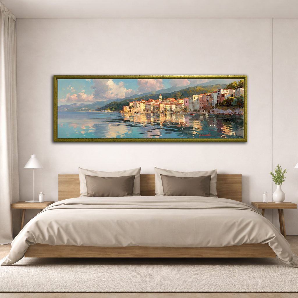 Mediterranean Coastal Village canvas wall art, antique gold floating frame