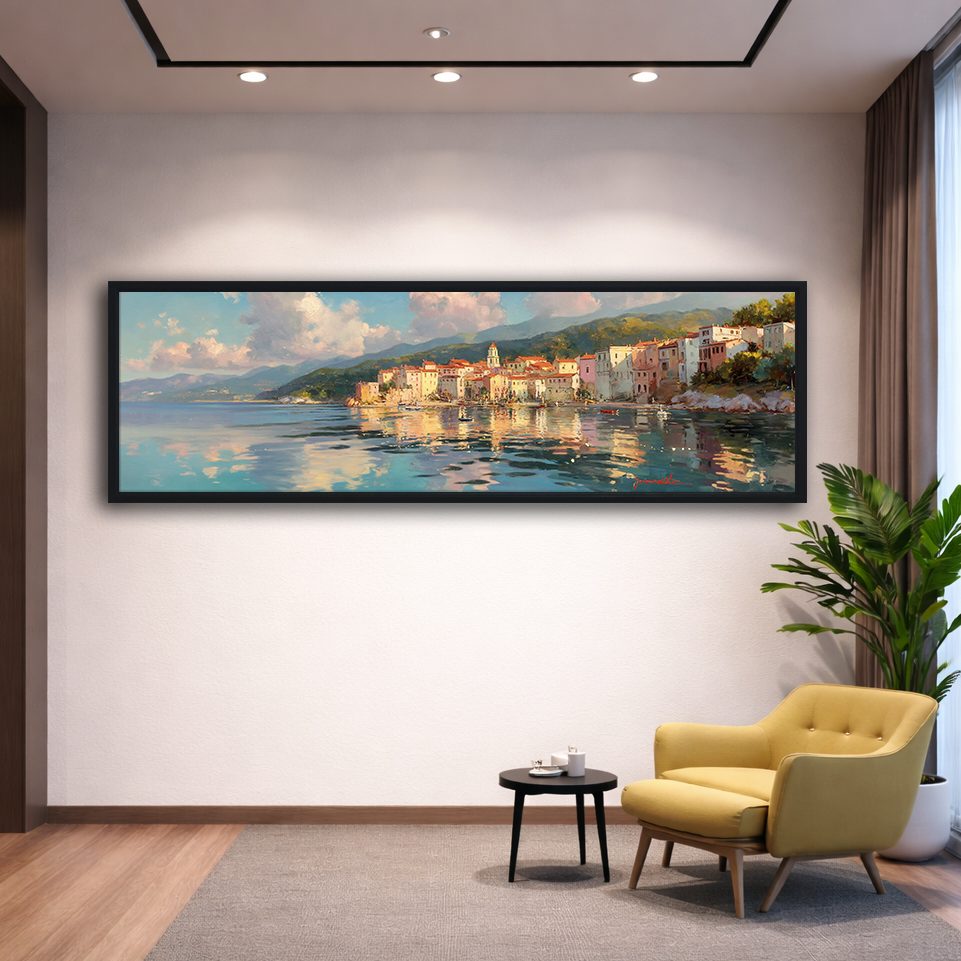 Mediterranean Coastal Village canvas wall art, black floating frame