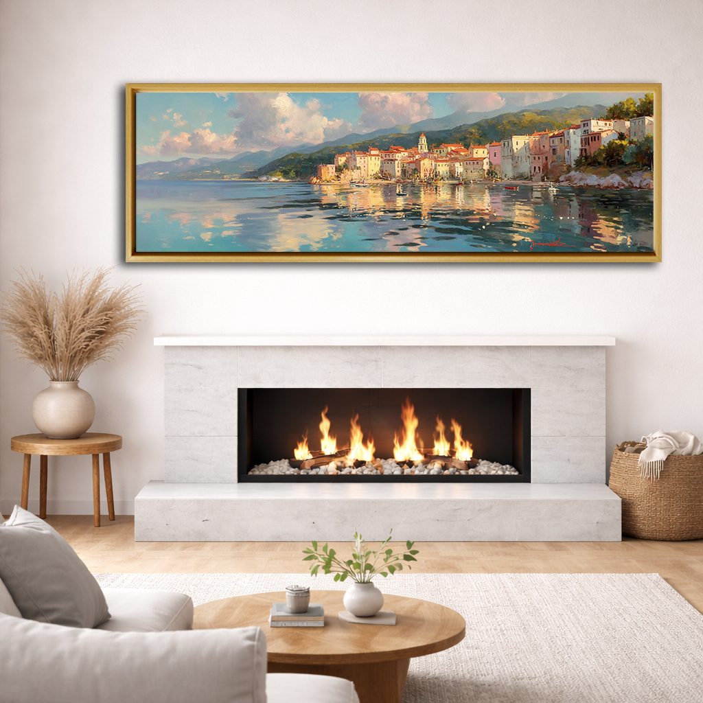 Mediterranean Coastal Village canvas wall art, natural wood floating frame