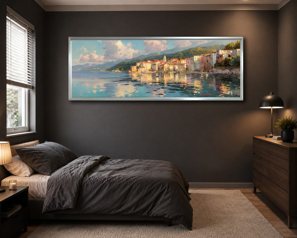 Mediterranean Coastal Village canvas wall art, silver floating frame