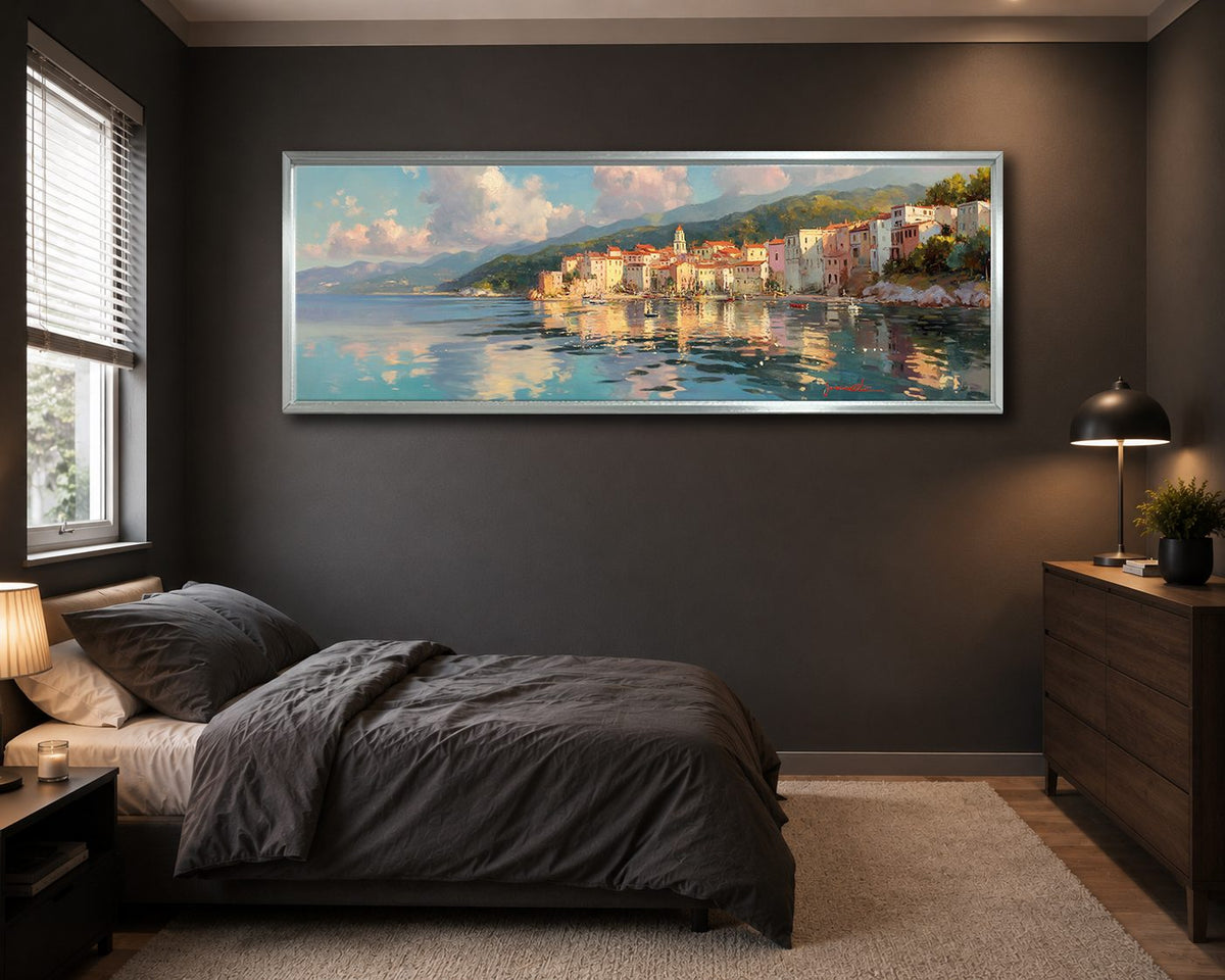 Mediterranean Coastal Village canvas wall art, silver floating frame