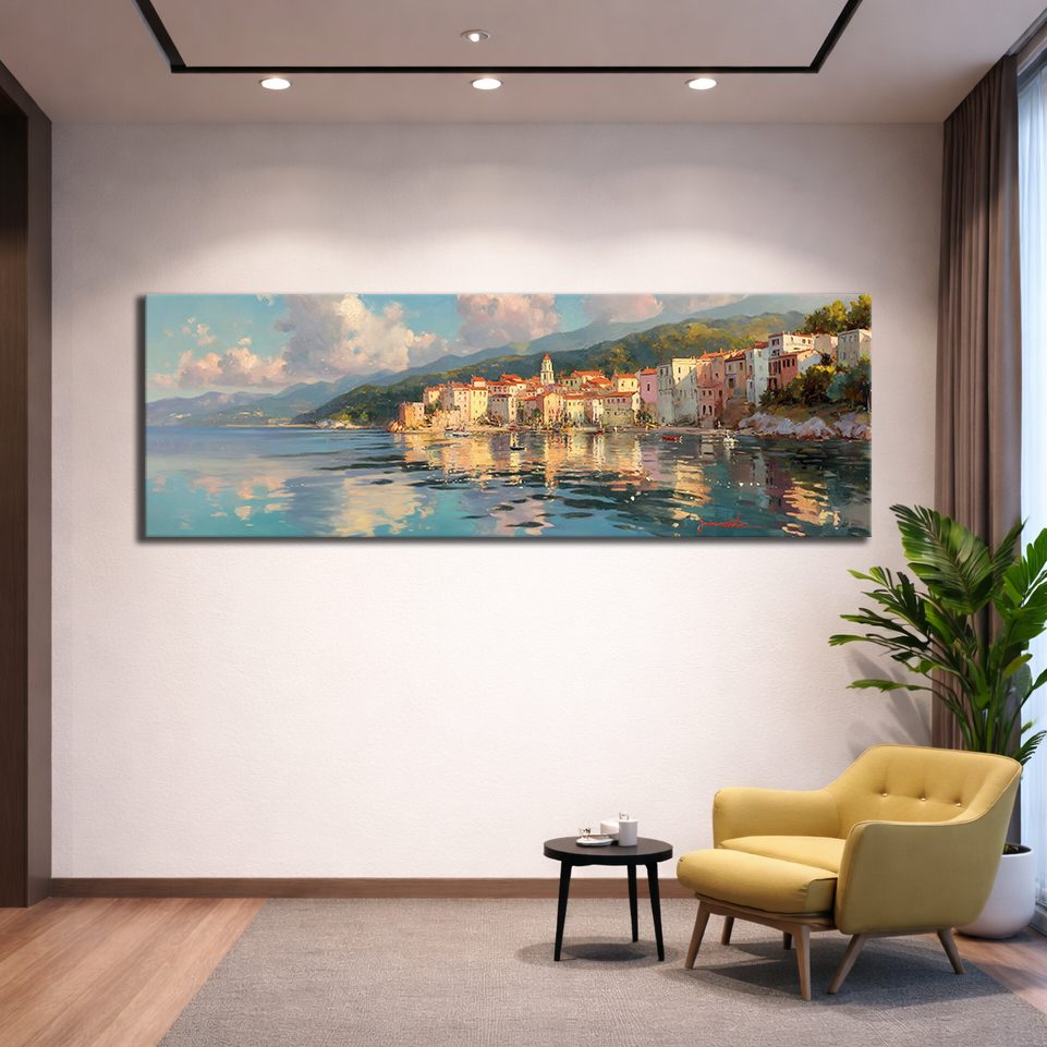 Mediterranean Coastal Village canvas wall art, unframed canvas