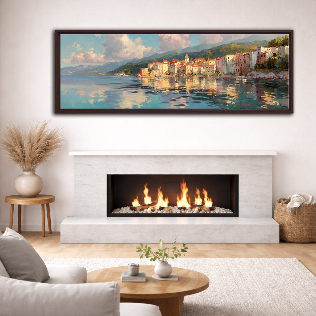 Mediterranean Coastal Village canvas wall art, walnut floating frame