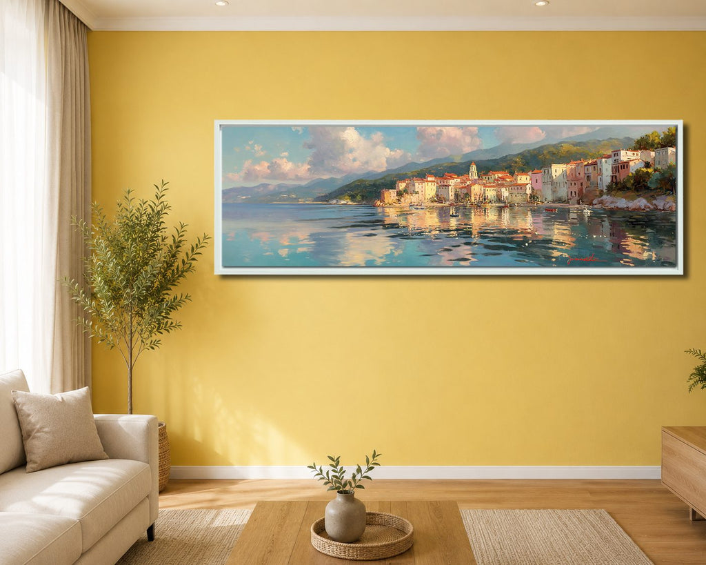 Mediterranean Coastal Village canvas wall art, white floating frame