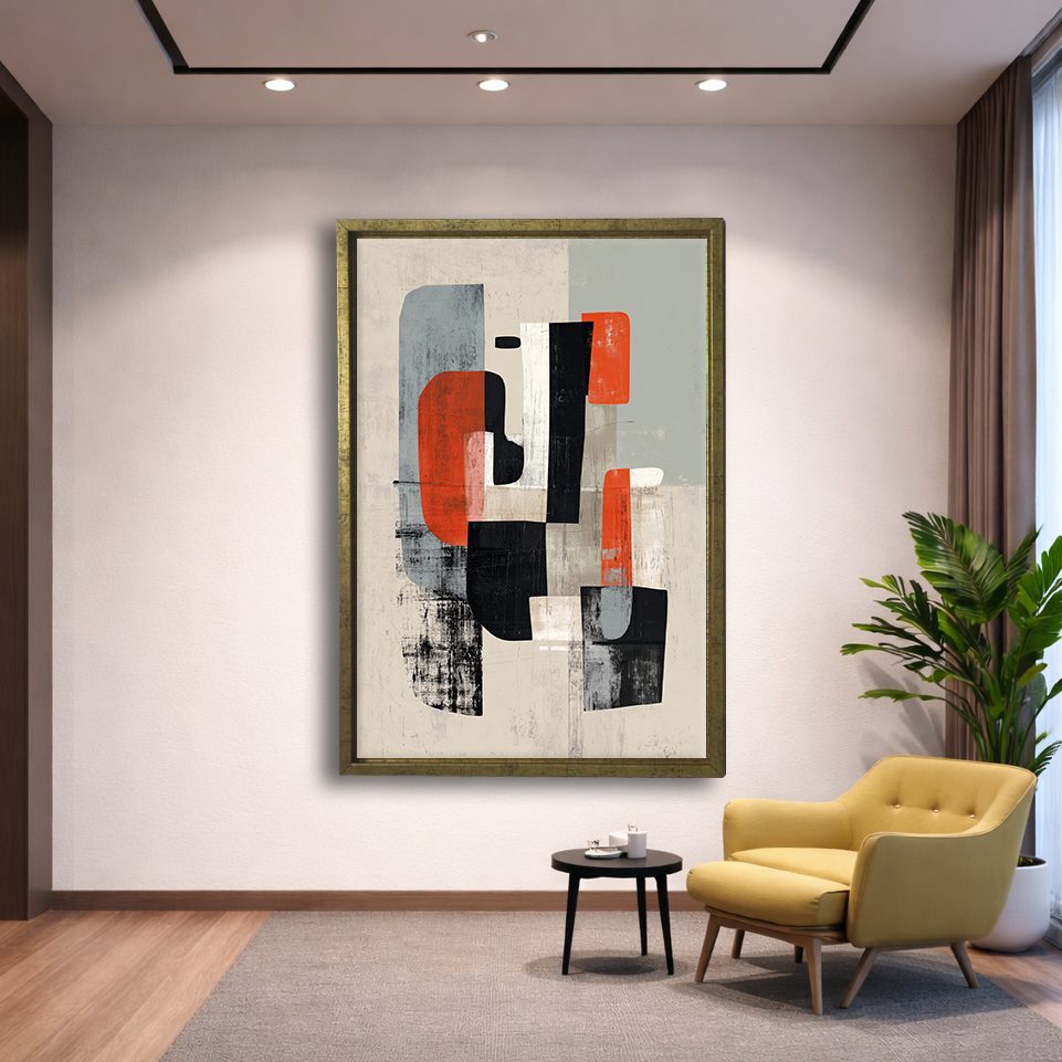 Mid-Century Red Black Abstract Shapes canvas wall art, gold floating frame
