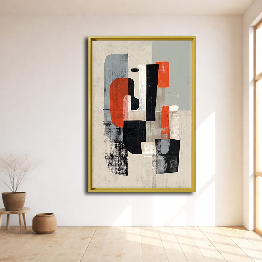 Mid-Century Red Black Abstract Shapes canvas wall art, natural wood floating frame