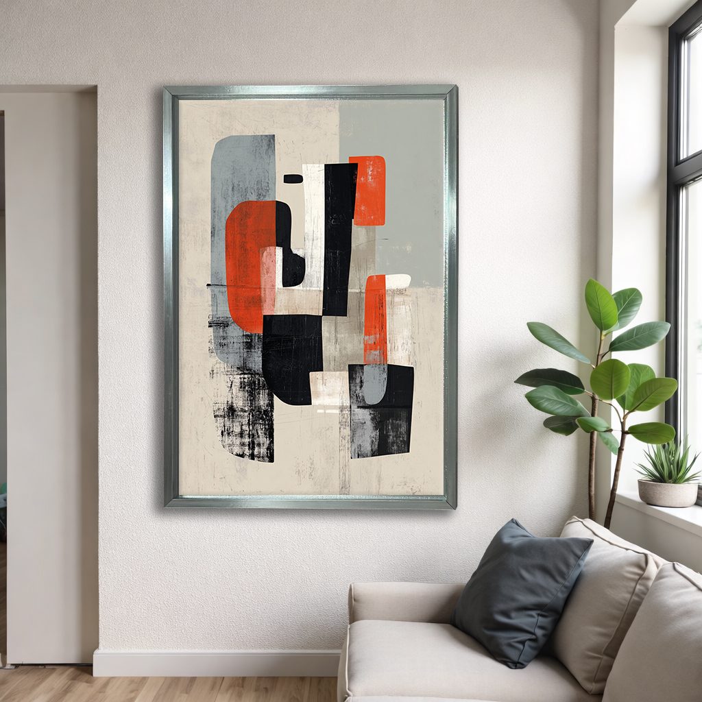 Mid-Century Red Black Abstract Shapes canvas wall art, silver floating frame