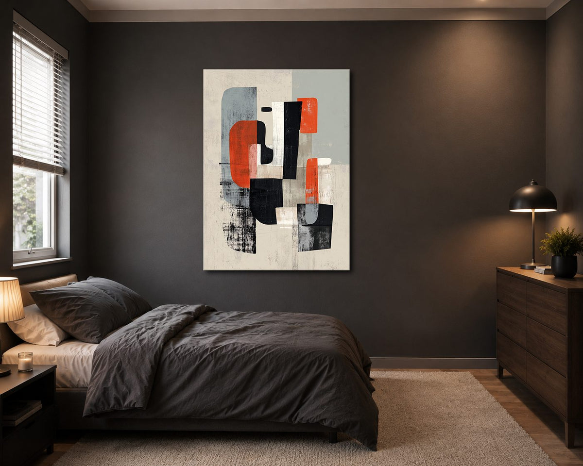 Mid-Century Red Black Abstract Shapes canvas wall art, unframed canvas