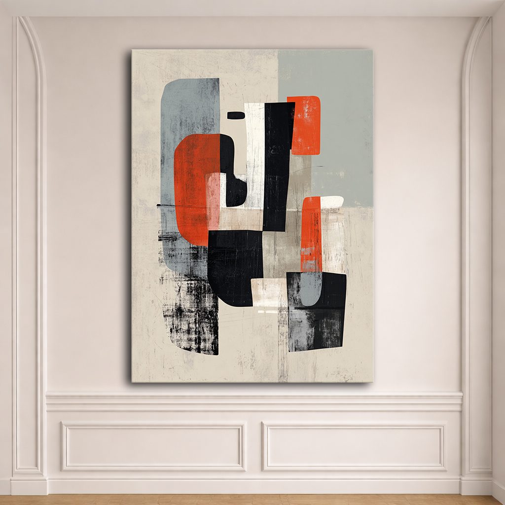 Mid-Century Red Black Abstract Shapes canvas wall art, unframed canvas