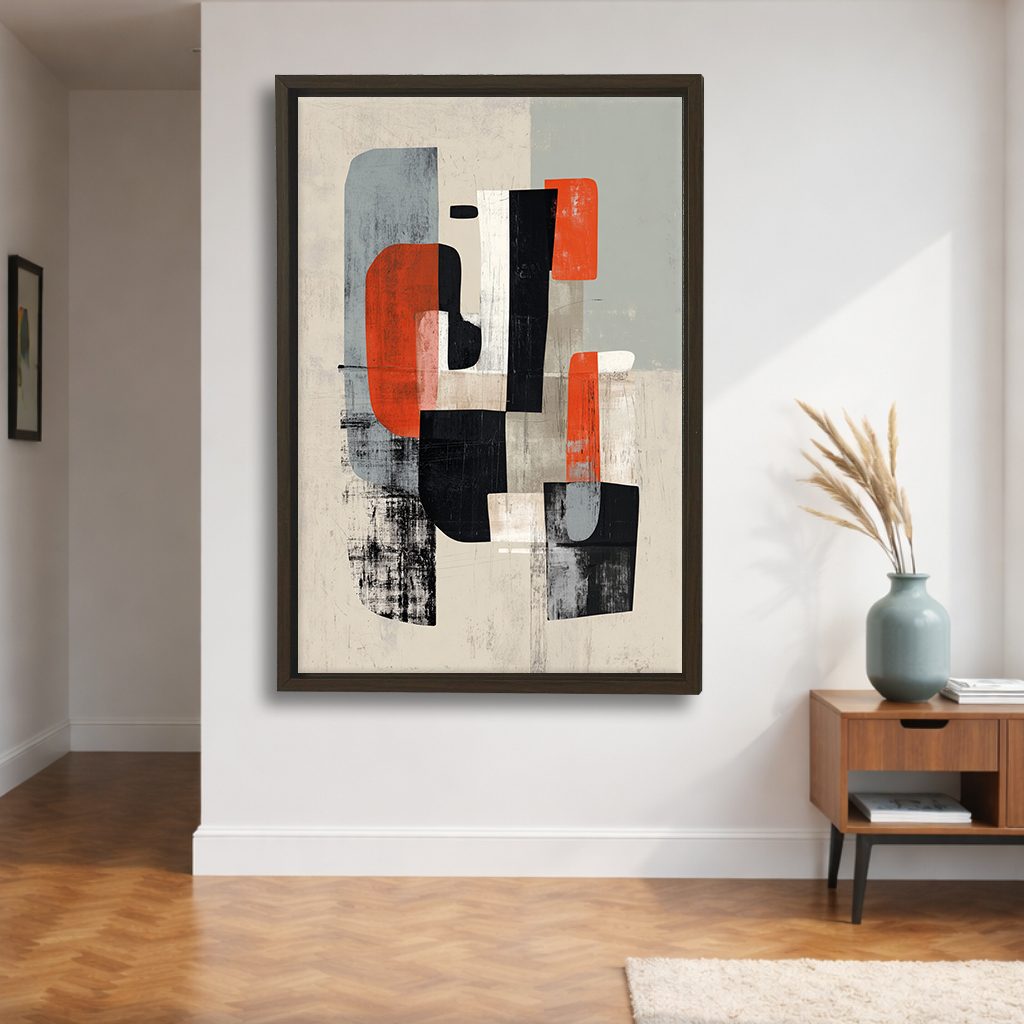 Mid-Century Red Black Abstract Shapes canvas wall art, walnut floating frame