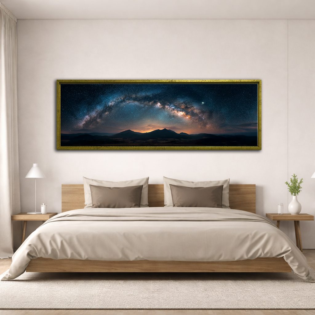 Milky Way Arch over Mountains canvas wall art, antique gold floating frame