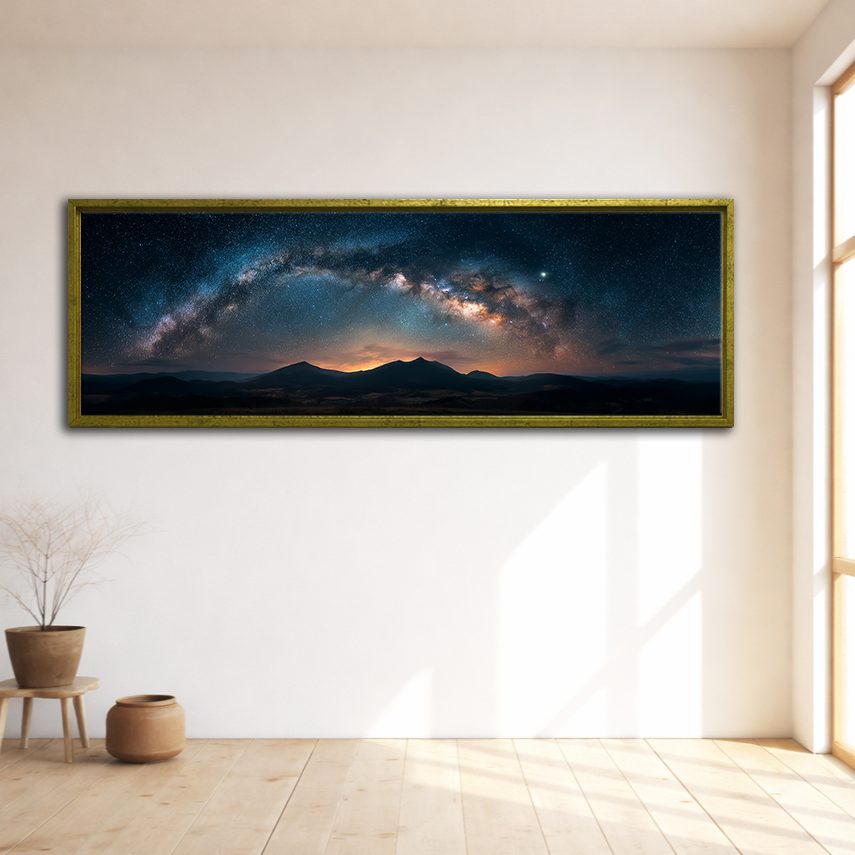 Milky Way Arch over Mountains canvas wall art, gold floating frame
