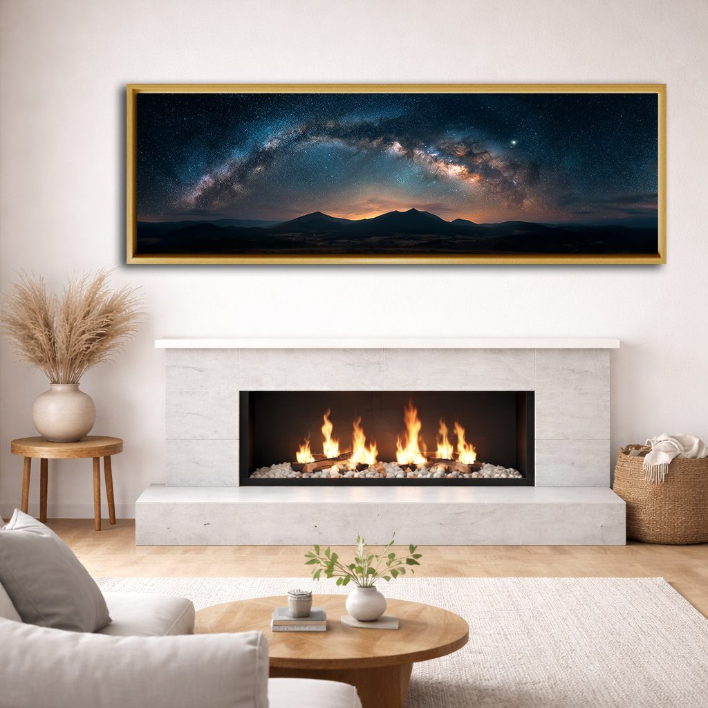 Milky Way Arch over Mountains canvas wall art, natural wood floating frame