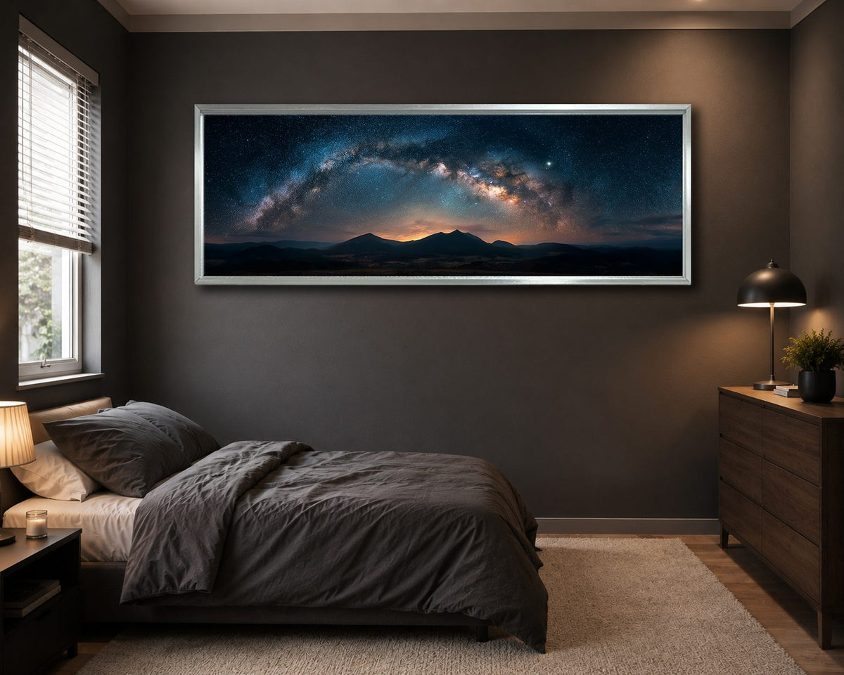 Milky Way Arch over Mountains canvas wall art, silver floating frame