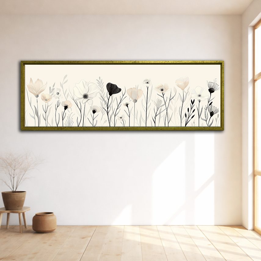 Minimalist Black and White Wildflowers canvas wall art, gold floating frame