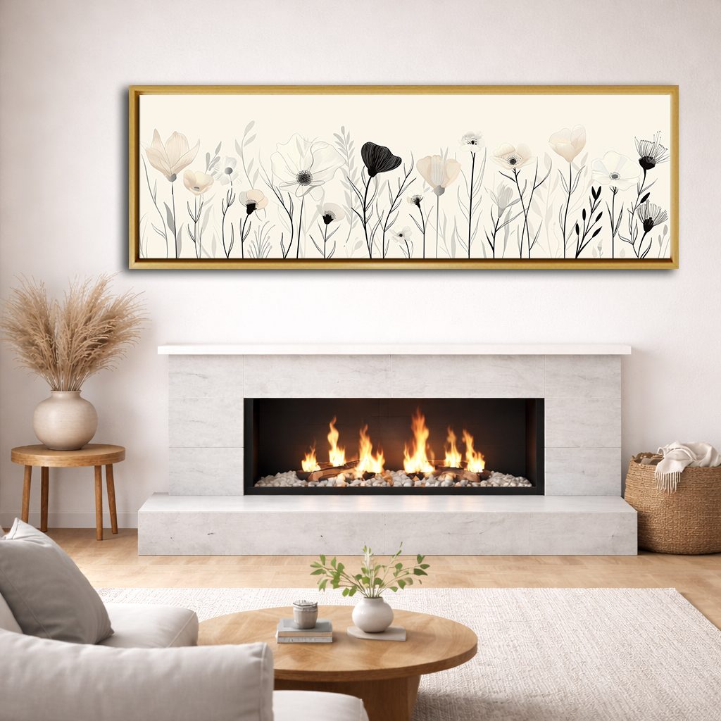 Minimalist Black and White Wildflowers canvas wall art, natural wood floating frame
