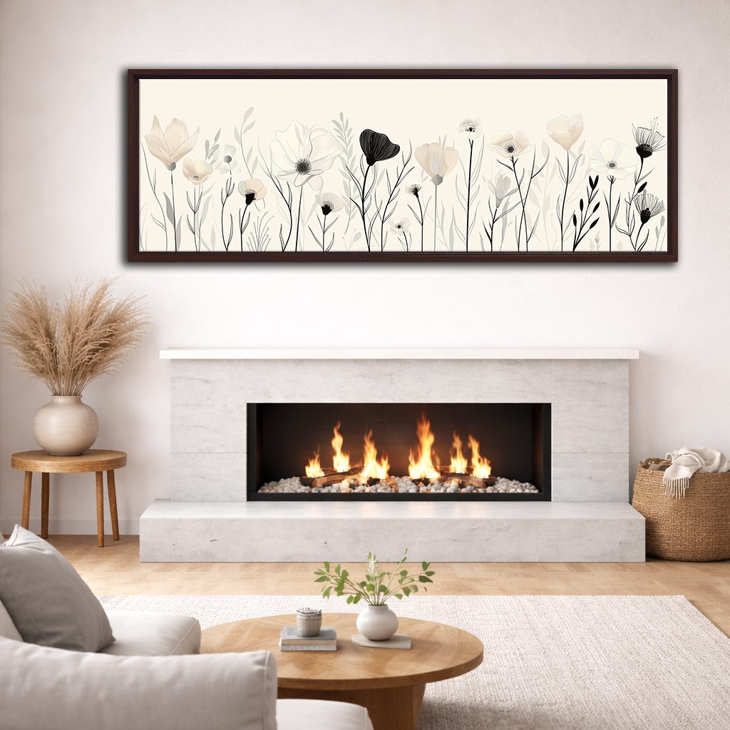 Minimalist Black and White Wildflowers canvas wall art, walnut floating frame