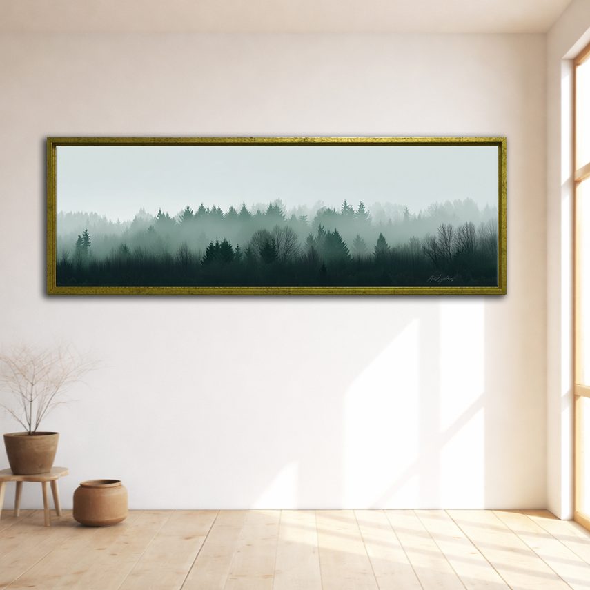 Misty Evergreen Treeline canvas wall art, gold floating frame