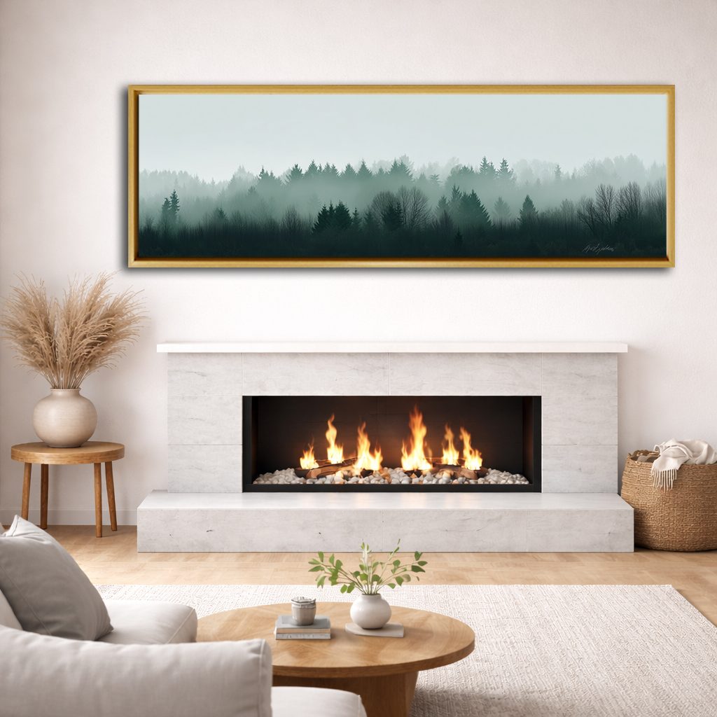 Misty Evergreen Treeline canvas wall art, natural wood floating frame