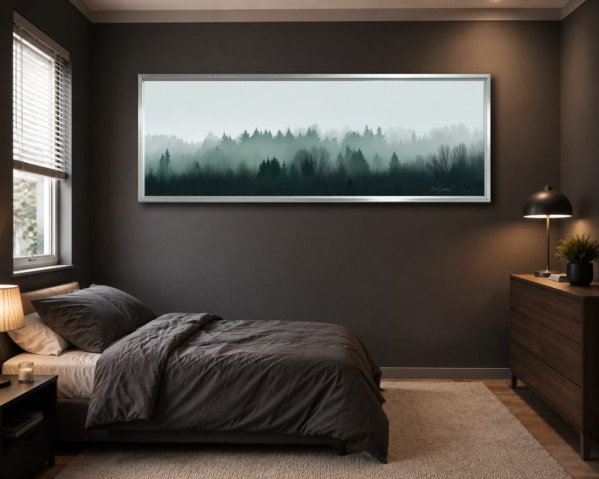 Misty Evergreen Treeline canvas wall art, silver floating frame