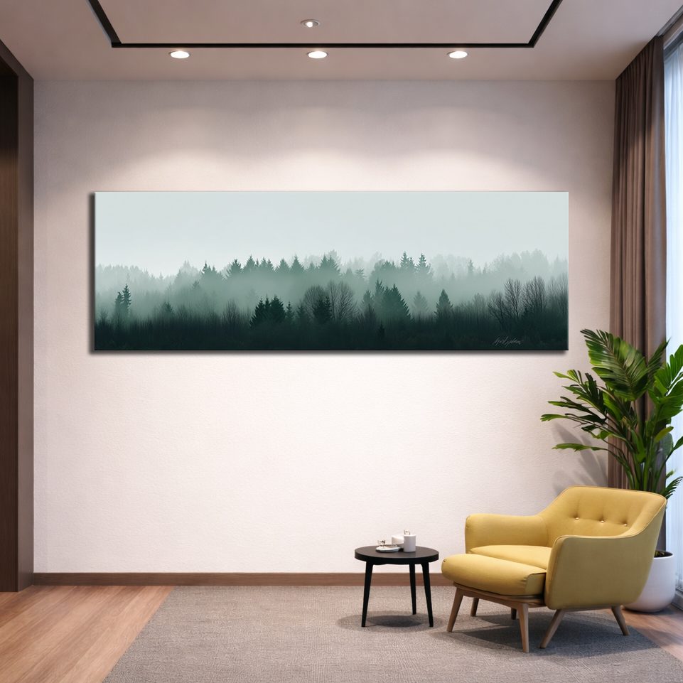 Misty Evergreen Treeline canvas wall art, unframed canvas