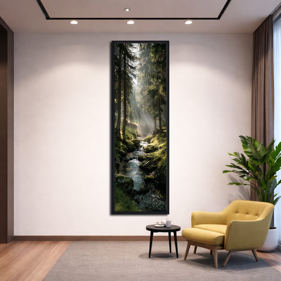Misty Forest Stream with Sunbeams canvas wall art, black floating frame