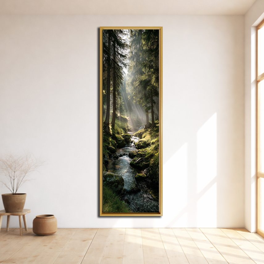 Misty Forest Stream with Sunbeams canvas wall art, natural wood floating frame