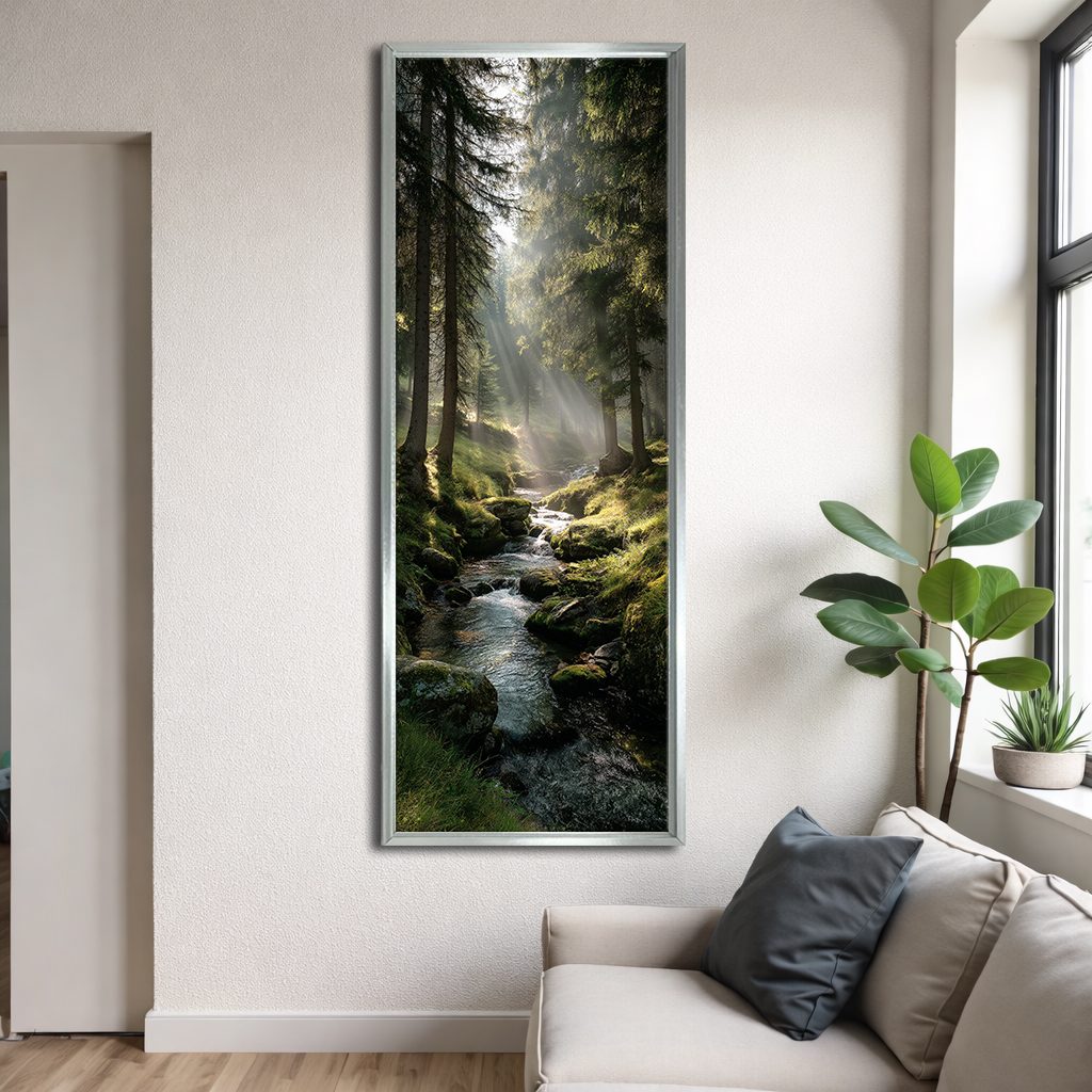 Misty Forest Stream with Sunbeams canvas wall art, silver floating frame
