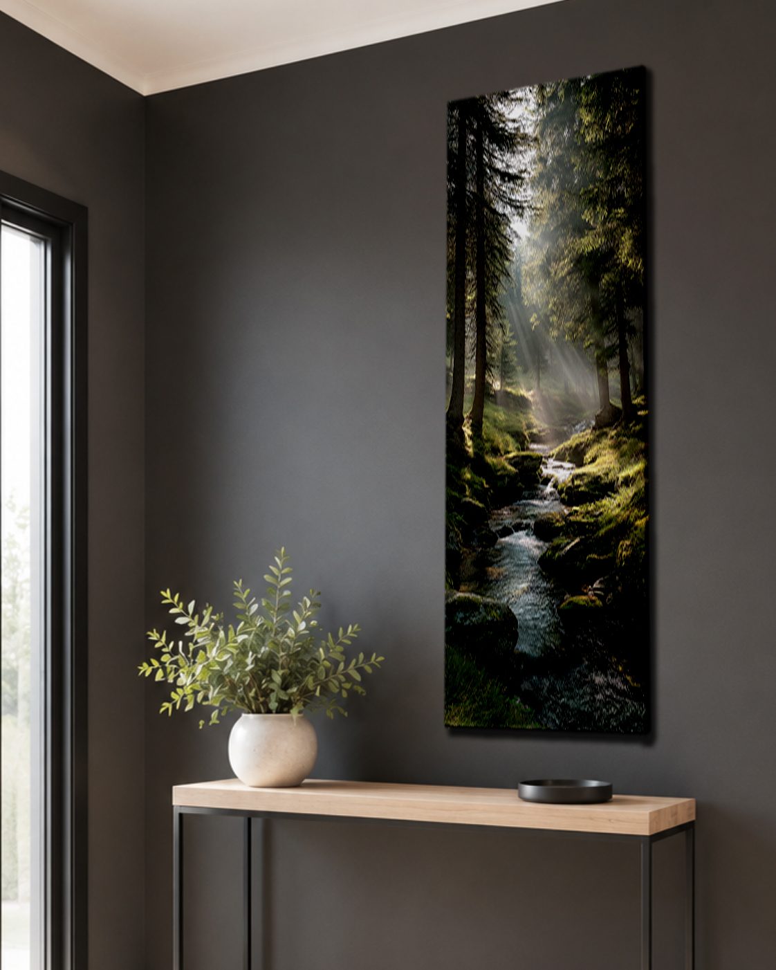Misty Forest Stream with Sunbeams canvas wall art, unframed canvas