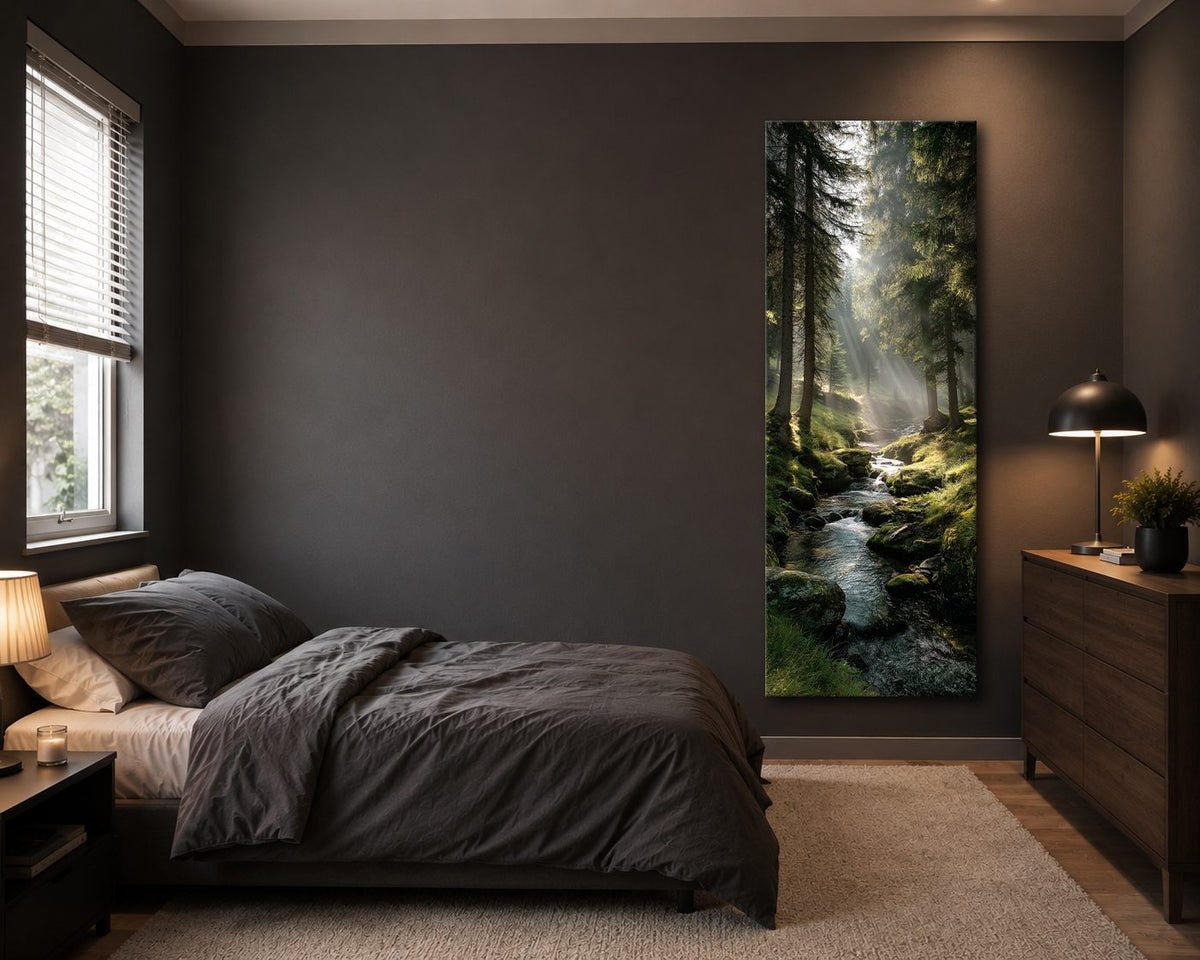 Misty Forest Stream with Sunbeams canvas wall art, unframed canvas