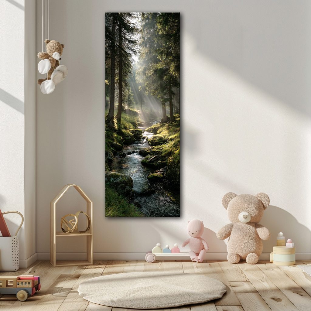Misty Forest Stream with Sunbeams canvas wall art, unframed canvas