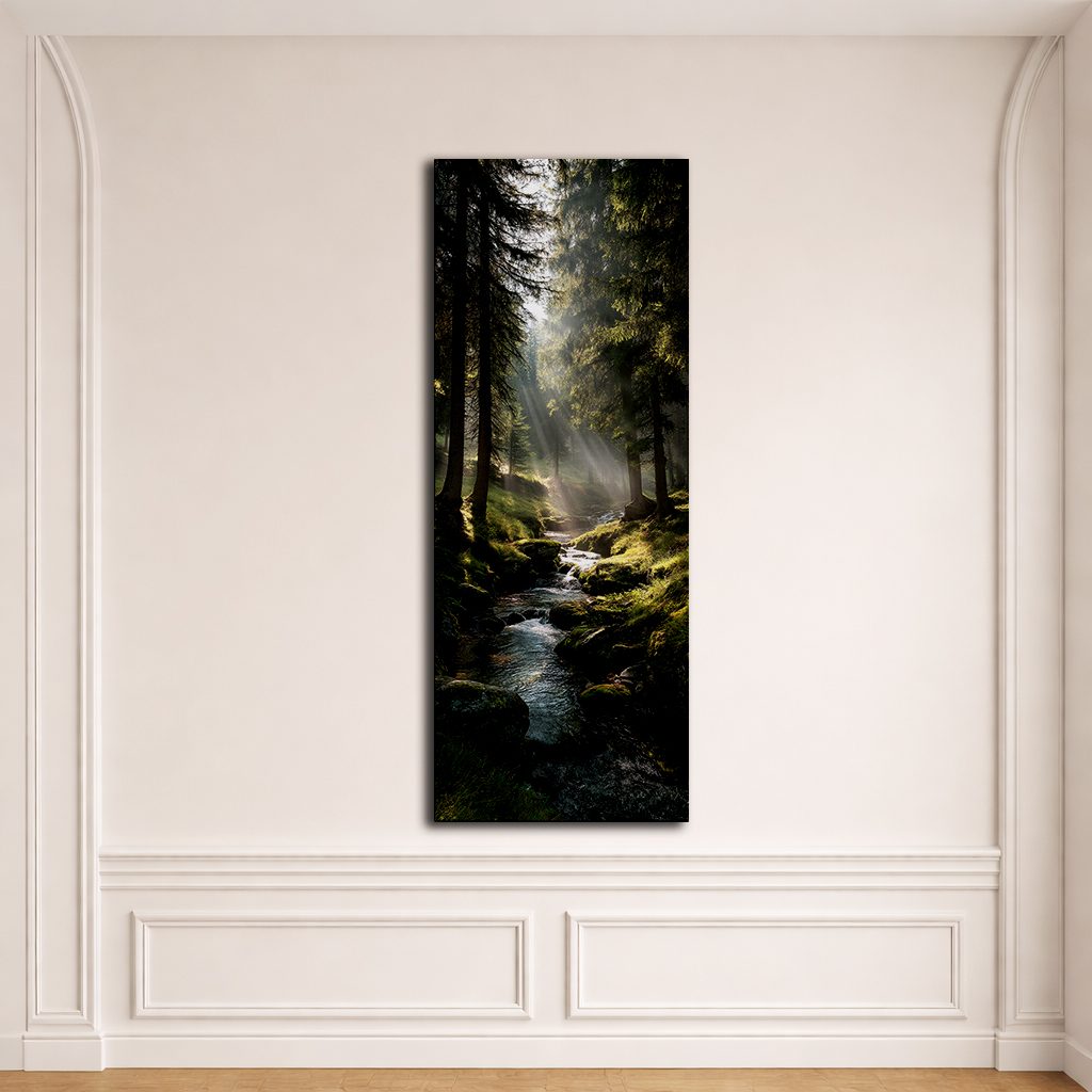 Misty Forest Stream with Sunbeams canvas wall art, unframed canvas