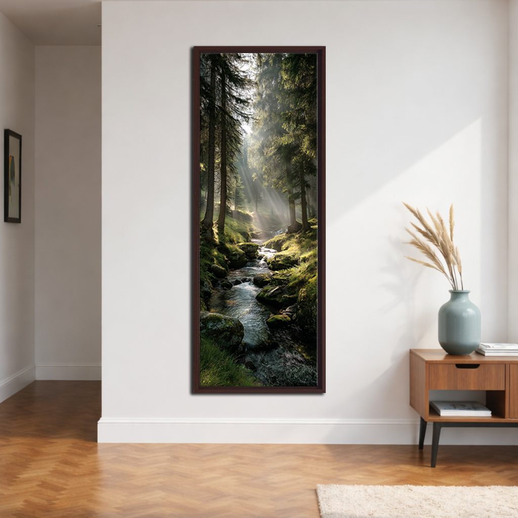 Misty Forest Stream with Sunbeams canvas wall art, walnut floating frame