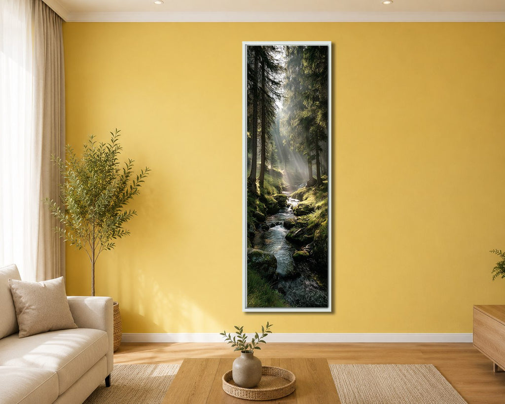 Misty Forest Stream with Sunbeams canvas wall art, white floating frame